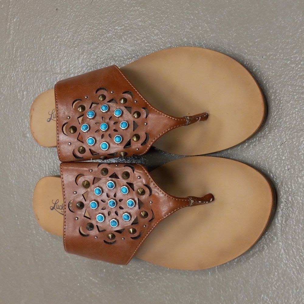 Lucky Brand Brown, Turquoise, and Tan Beaded Thong Sandals